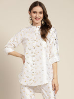 Thumbnail for Lyush Women's White Chanderi Gold Foil High Low Shirt - Distacart