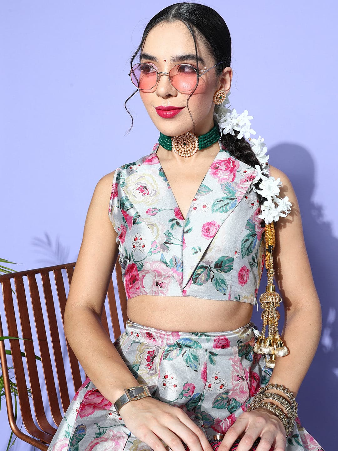 Buy Lyush Women's Grey Floral Notch Collar Crop Top Online at Best