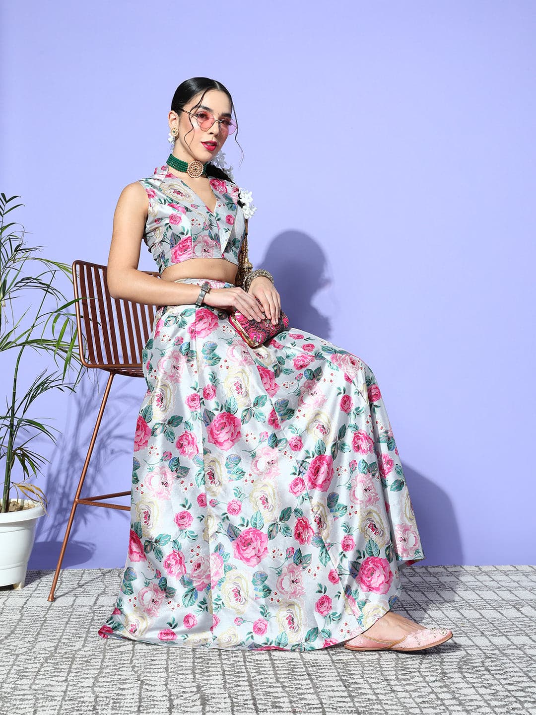 Buy Lyush Women's Grey Floral Notch Collar Crop Top Online at Best