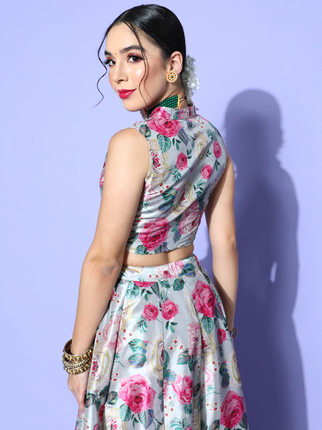 Buy Lyush Women's Grey Floral Notch Collar Crop Top Online at Best