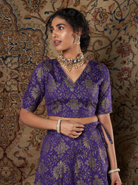 Thumbnail for Lyush Women's Purple Brocade Floral V Neck Crop Top - Distacart