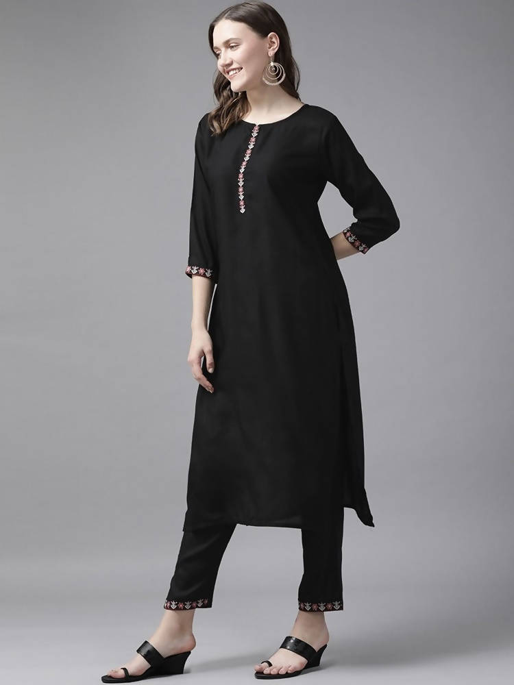 Yufta Women Black Solid Kurta with Trouser and Dupatta