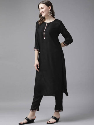 Yufta Women Black Solid Kurta with Trouser and Dupatta