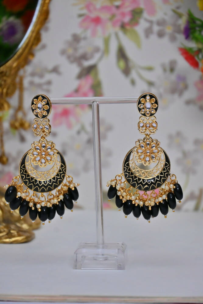 Gold Plated Kundan & Pearl Dangle Women Black Meenakari Chandbali Earrings By House of Ree - Distacart