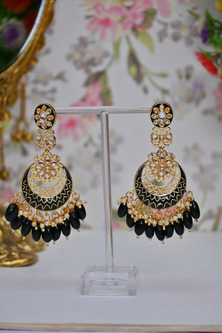 Gold Plated Kundan & Pearl Dangle Women Black Meenakari Chandbali Earrings By House of Ree - Distacart