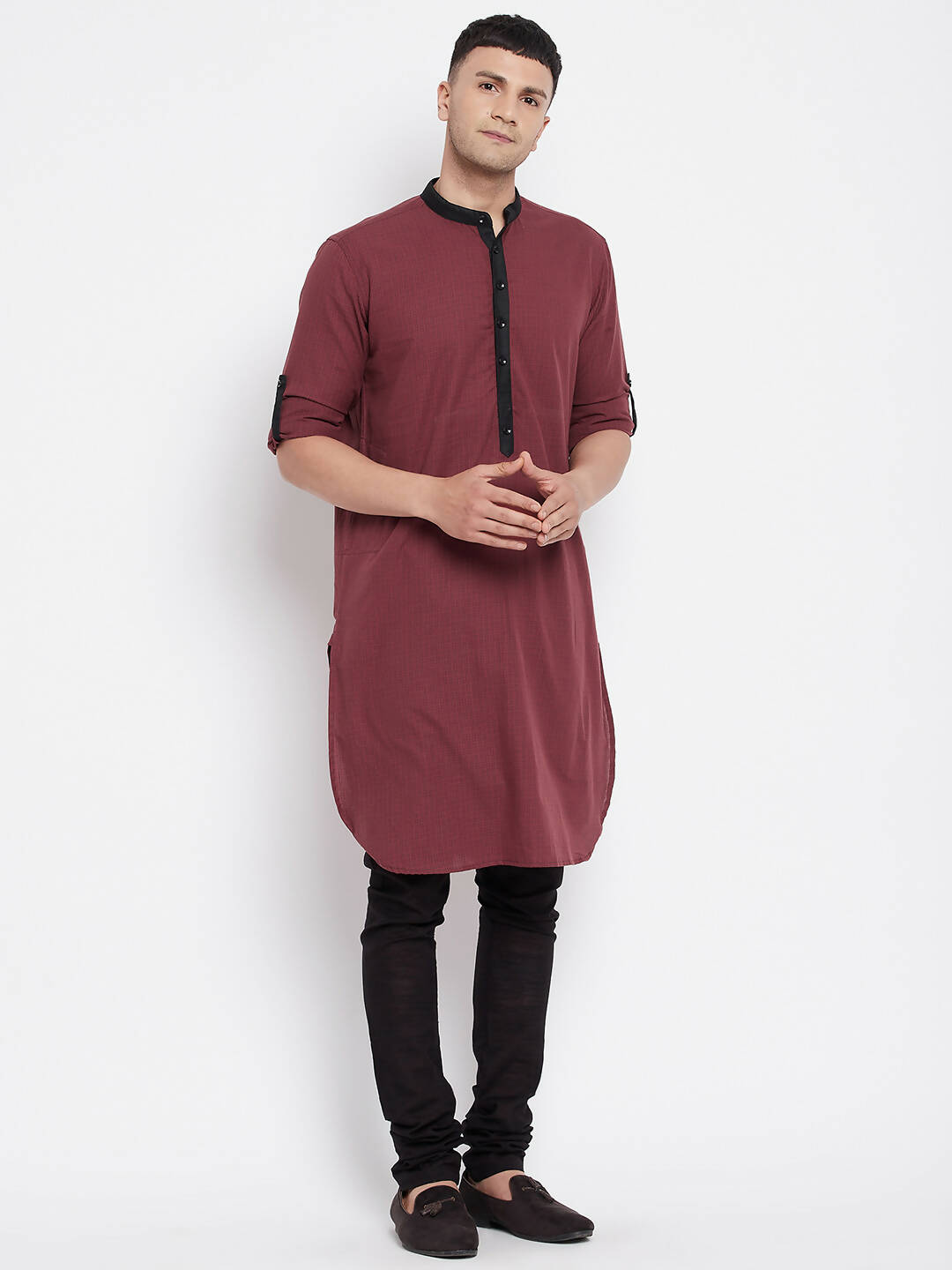 Even Apparels Maroon Pure Cotton Men's Kurta With Contrast Collar And Placket - Distacart