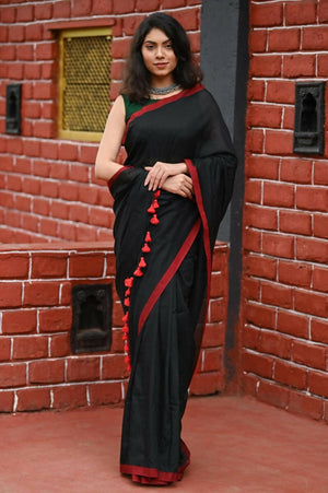 Very Much Indian Pure Cotton Handloom Saree With Intricate Border - Black - Distacart