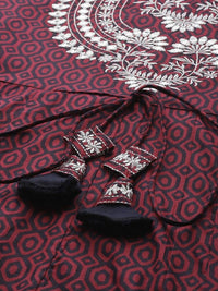 Thumbnail for Yufta Women Maroon Geometric Printed Bell Sleeves Mirror Work Cotton Kurta
