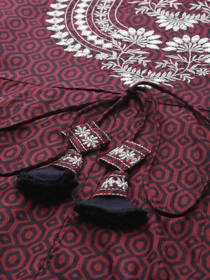 Yufta Women Maroon Geometric Printed Bell Sleeves Mirror Work Cotton Kurta