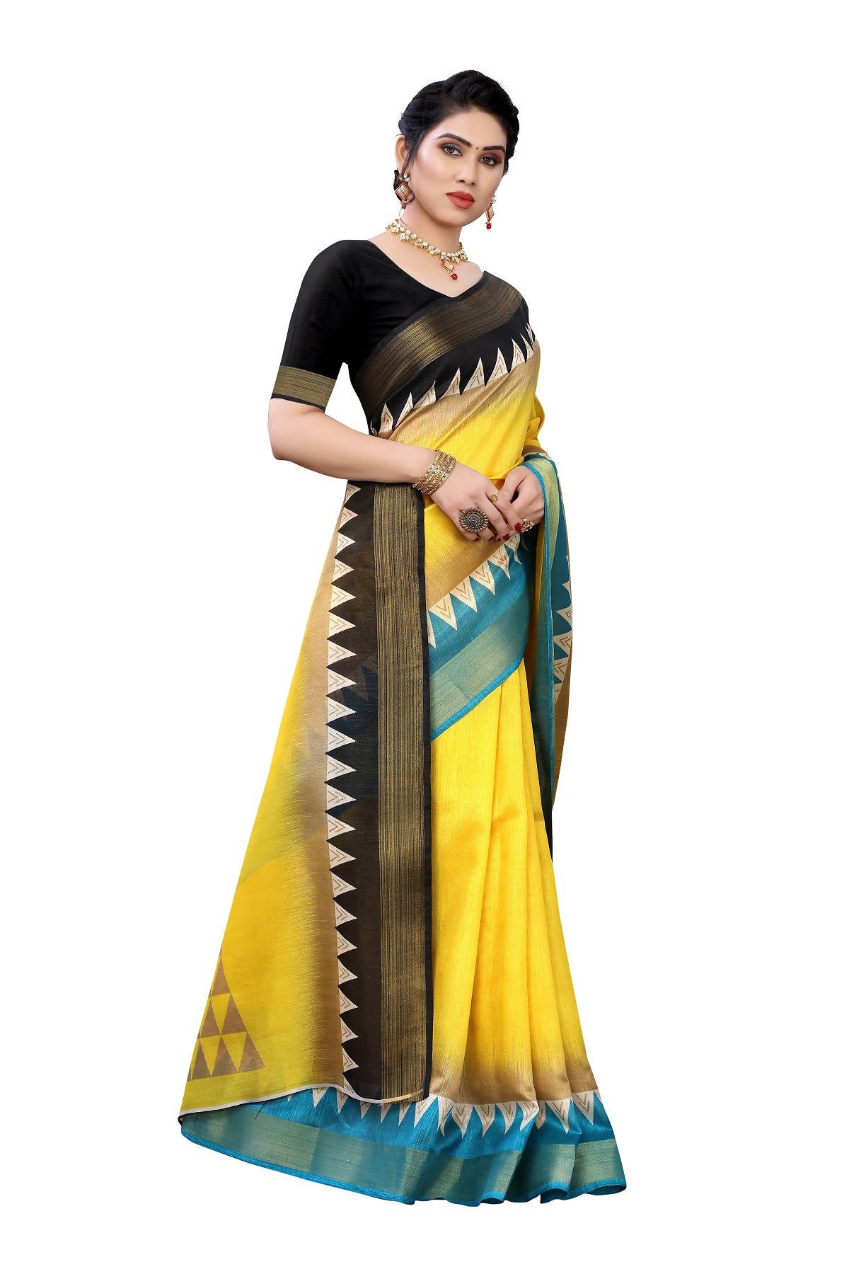 Vamika Yellow & Black Linen Jari Border Saree (GUNJAN YELLOW) - Distacart