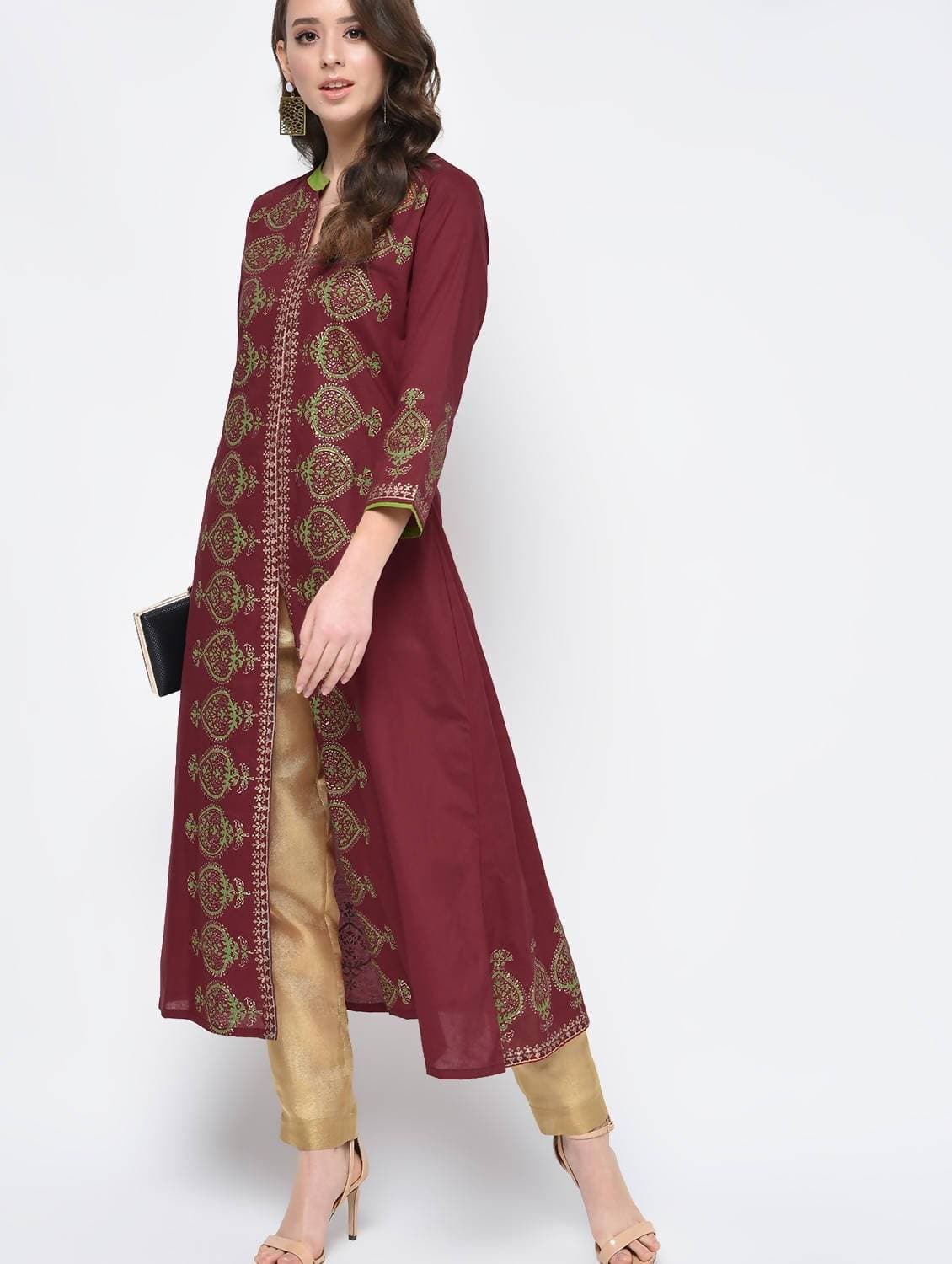 Cheera Hand Block Print Maroon Color A Line Kurta