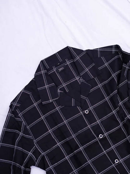 Diva Globe Cotton Black Checkard Lapel Collar Shirt - Distacart
