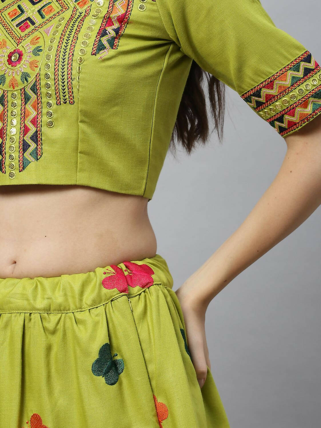 Green Cotton Embroidered Work Lehenga Choli with Dupatta - Jivika - Distacart