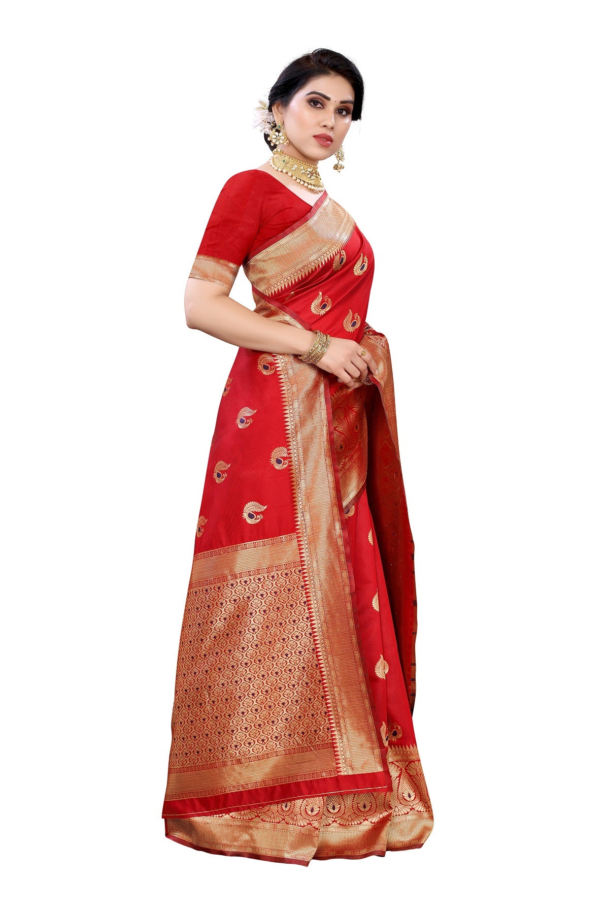 Vamika Red Weaving Banarasi Jacquard Saree - Distacart