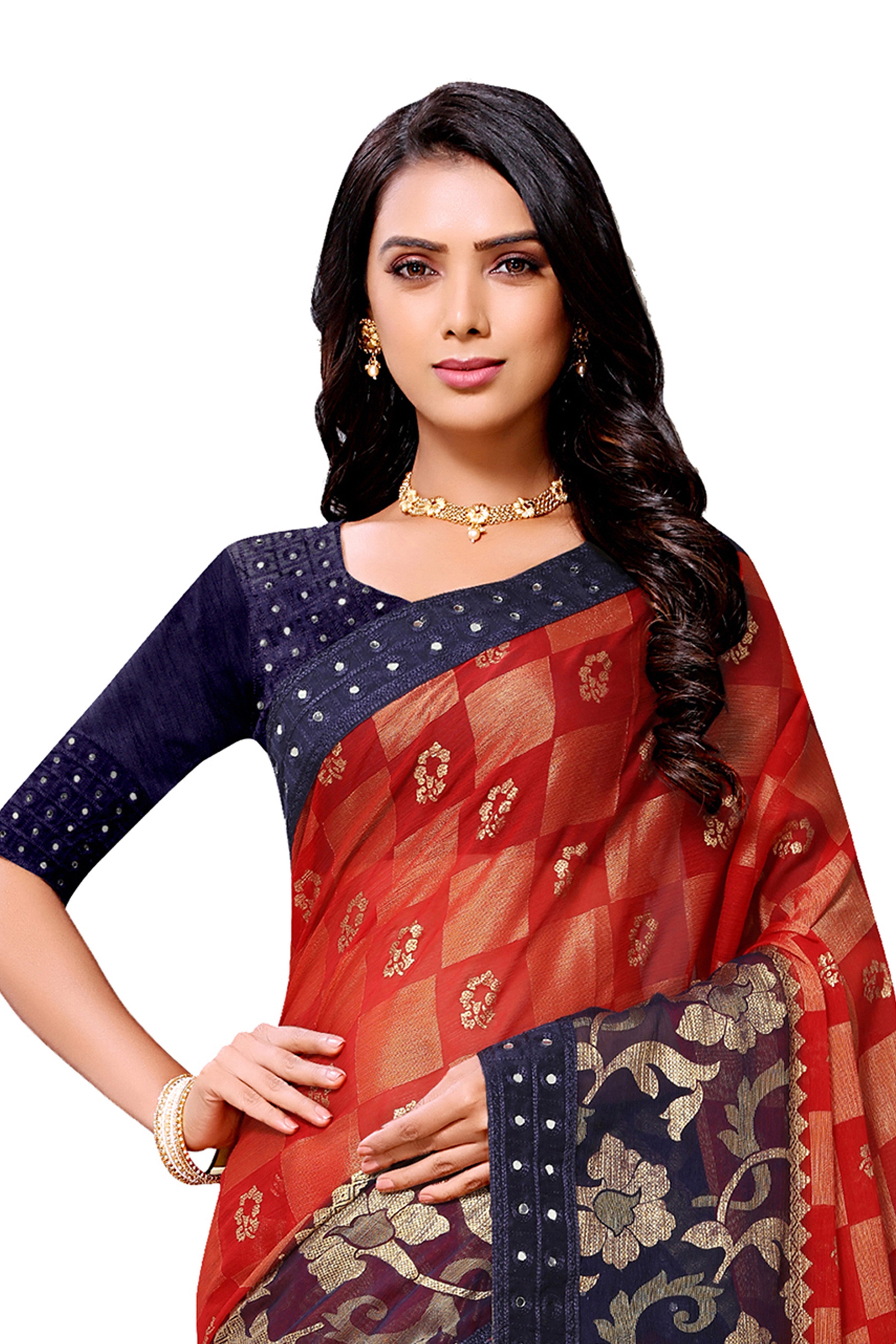 Vamika Red & Blue Designer Chiffon Brasso Saree With Mirror Work Lace - Distacart