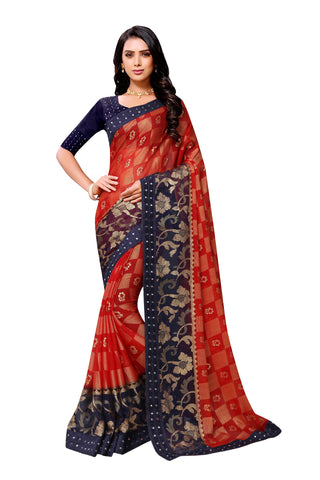 Vamika Red & Blue Designer Chiffon Brasso Saree With Mirror Work Lace - Distacart