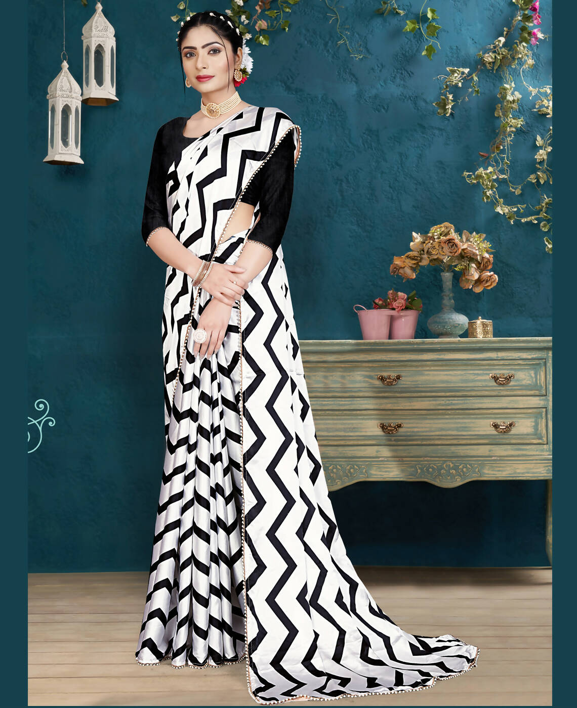 Black Japan Satin Stripe Printed Saree With Unstitched Blouse Piece - Laavanya - Distacart