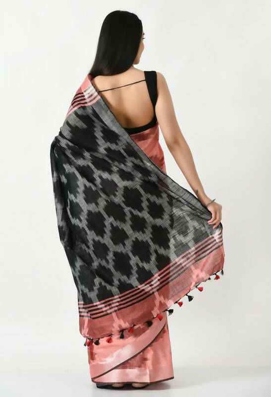 Mominos Fashion Moeza Gajari & Black Bhagalpuri Handloom Ikat Pure Cotton Saree with unstitched Blouse piece - Distacart