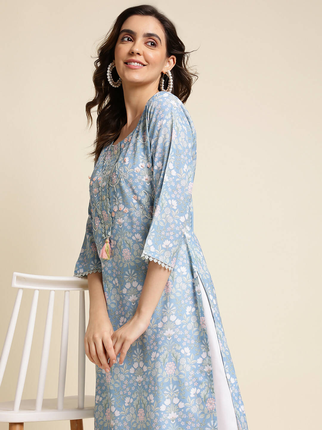 Blue Linen Floral Printed Straight Fit Kurta - Prasuti - Distacart