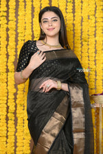 Thumbnail for Very Much Indian Rajsi - Handloom Ari Checks Cotton Silk Saree With Golden Border - Black - Distacart