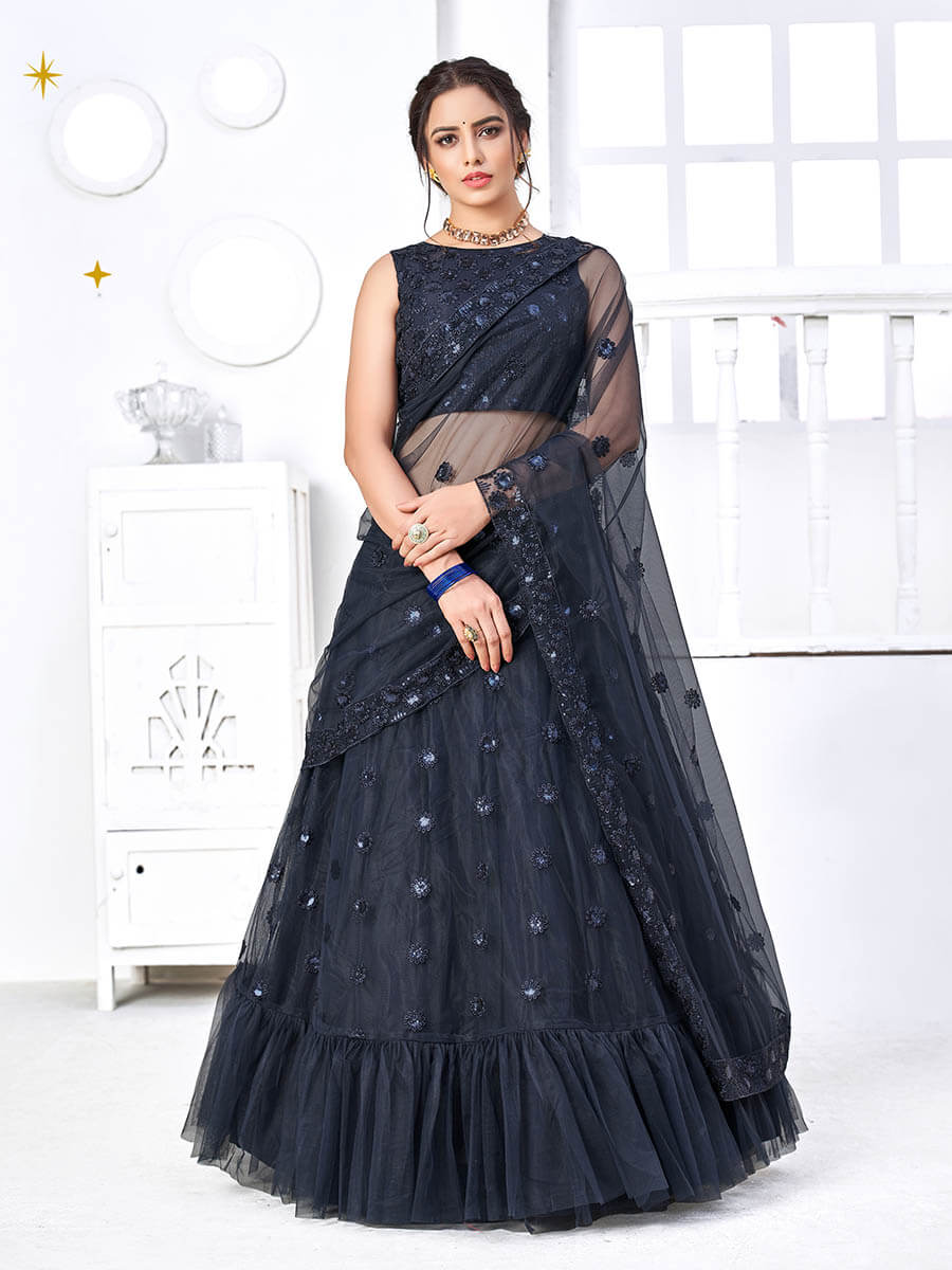 Myra Navy Blue Net Embroidered Designer Lehenga - Distacart