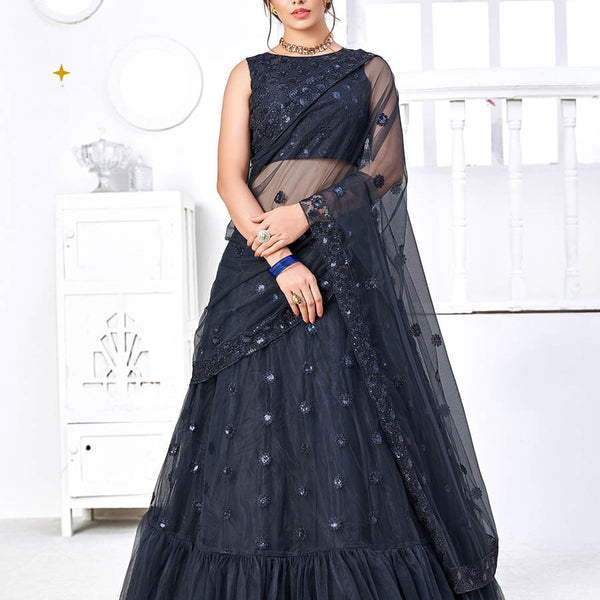 Myra Navy Blue Net Embroidered Designer Lehenga - Distacart