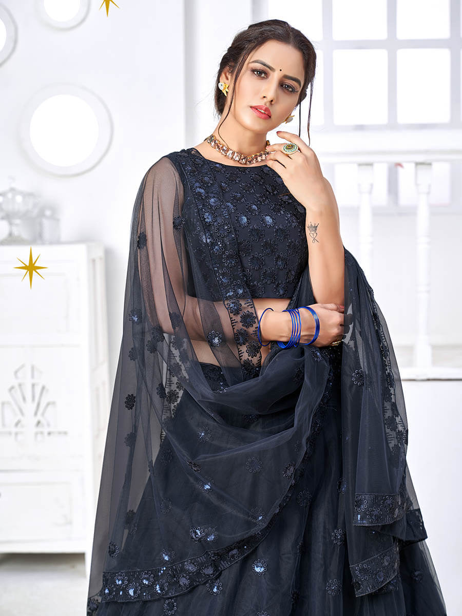 Myra Navy Blue Net Embroidered Designer Lehenga - Distacart