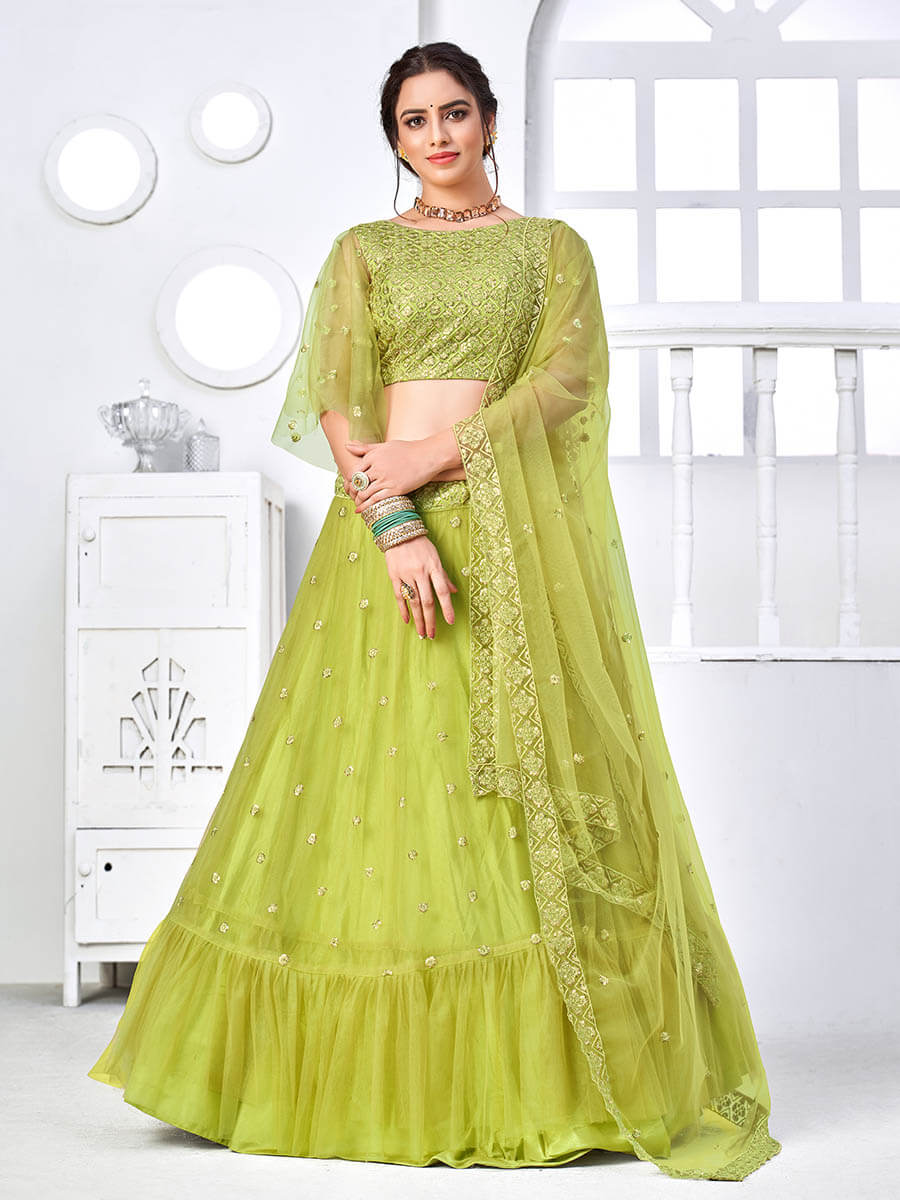 Myra Flurorescent Green Net Embroidered Designer Lehenga - Distacart