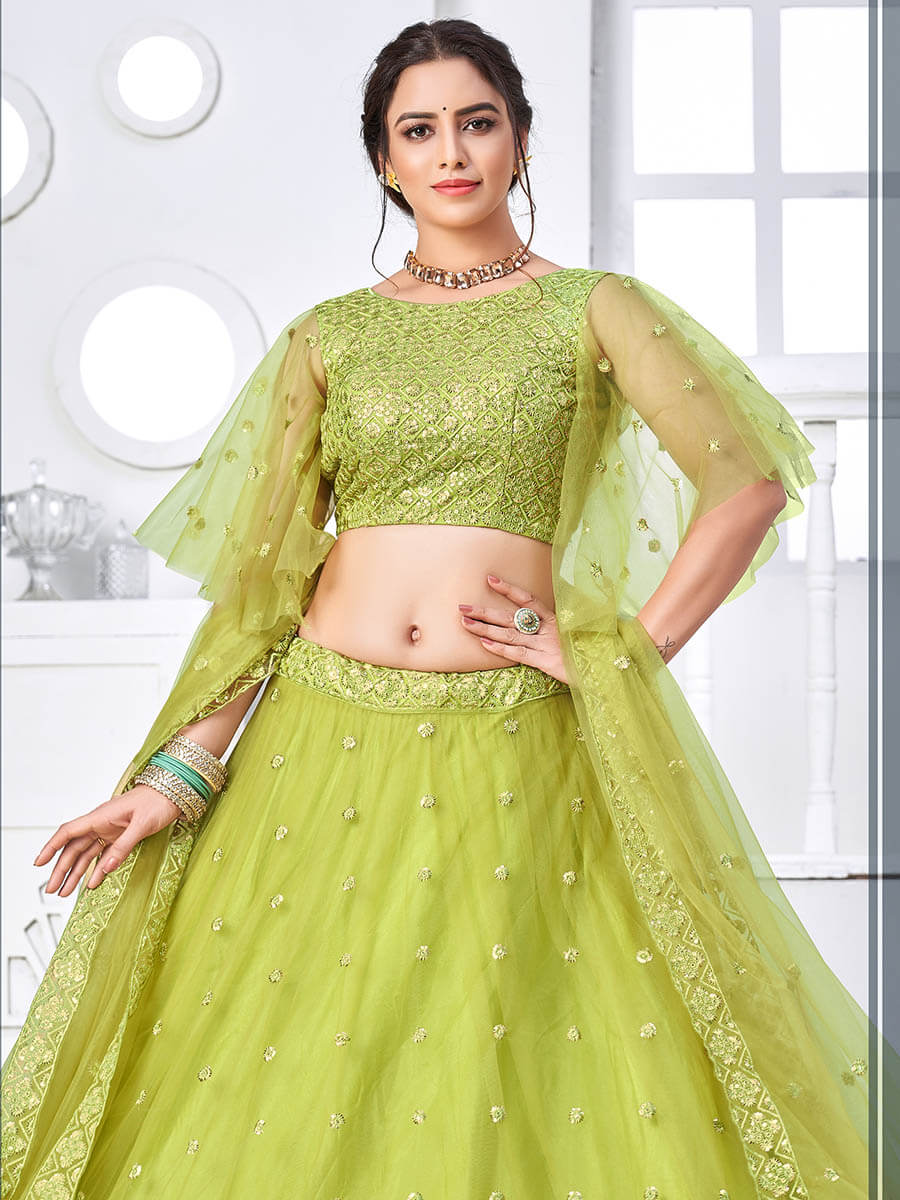 Myra Flurorescent Green Net Embroidered Designer Lehenga - Distacart