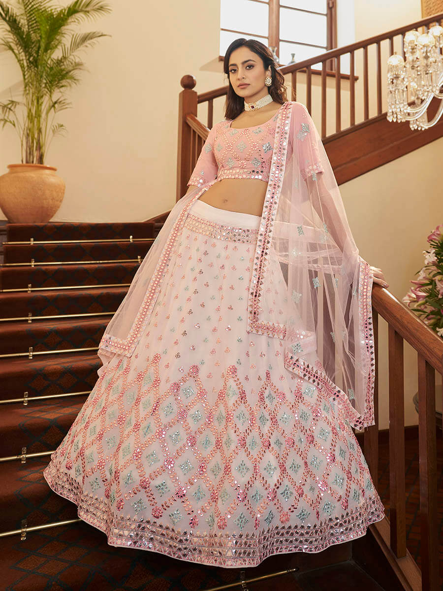 Myra Pearl White and Pink Georgette Embroidered Party Wear Lehenga - Distacart