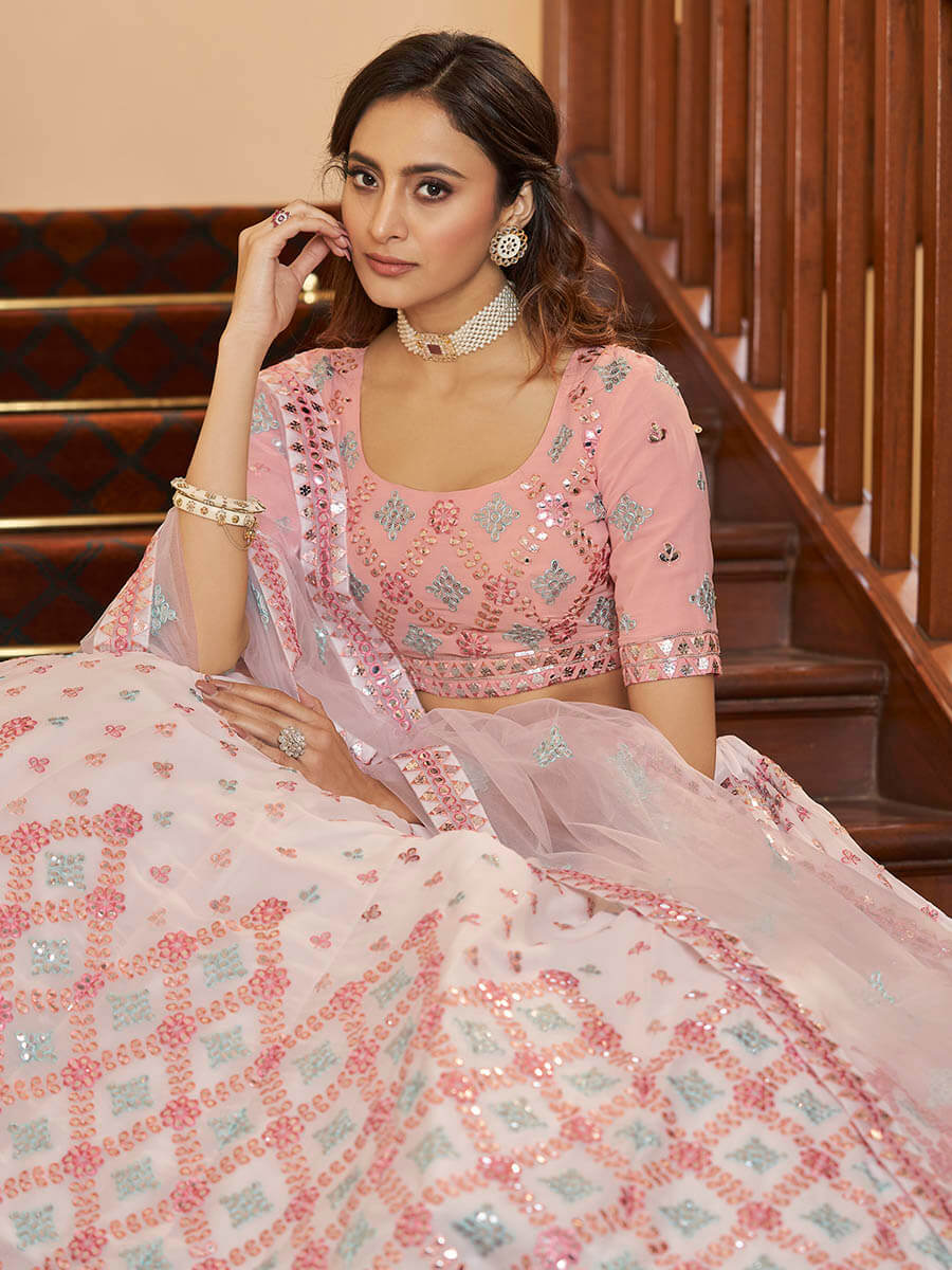 Myra Pearl White and Pink Georgette Embroidered Party Wear Lehenga - Distacart