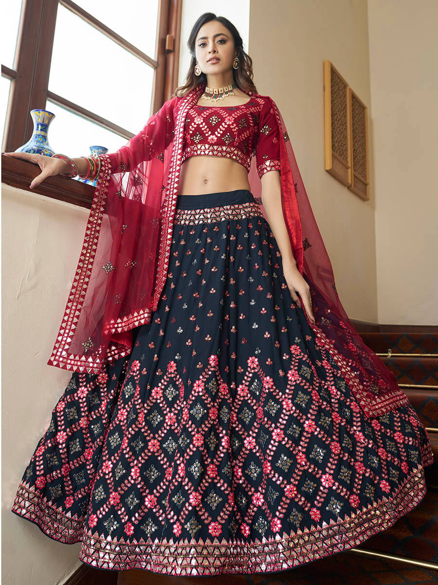 Myra Teal Blue and Maroon Georgette Embroidered Party Wear Lehenga - Distacart