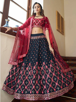 Myra Teal Blue and Maroon Georgette Embroidered Party Wear Lehenga - Distacart