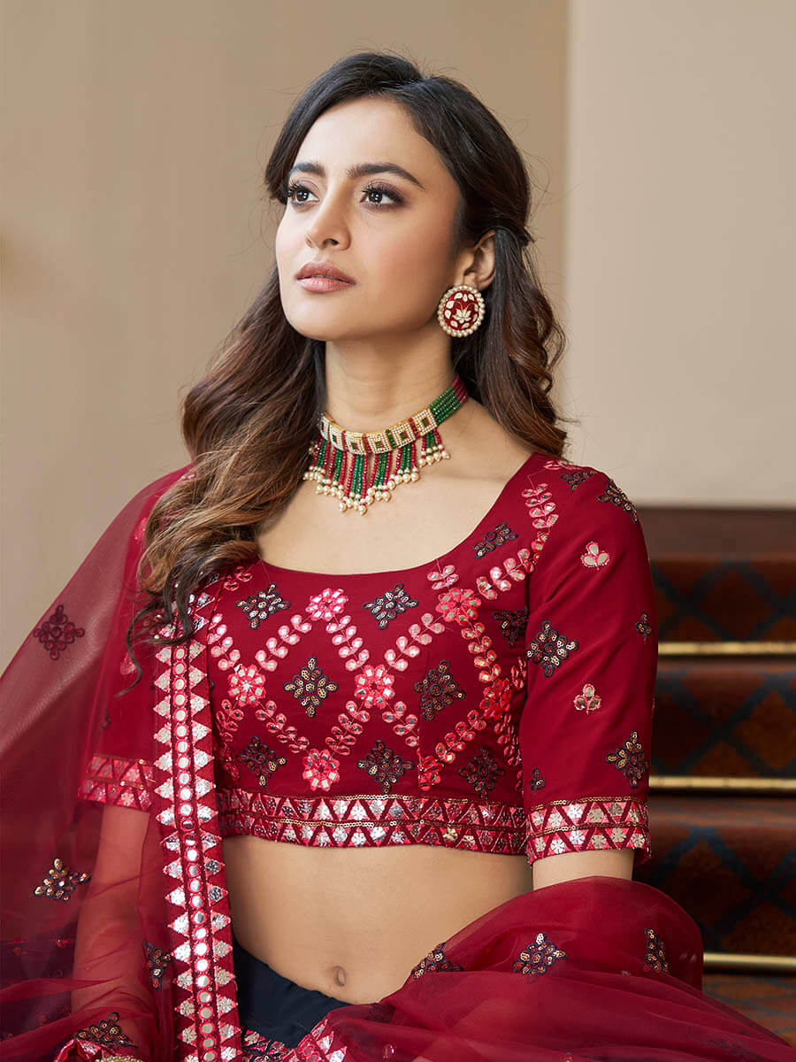 Myra Teal Blue and Maroon Georgette Embroidered Party Wear Lehenga - Distacart