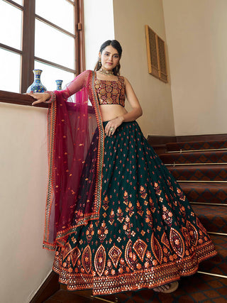 Myra Green and Deep Pink Georgette Embroidered Party Wear Lehenga - Distacart