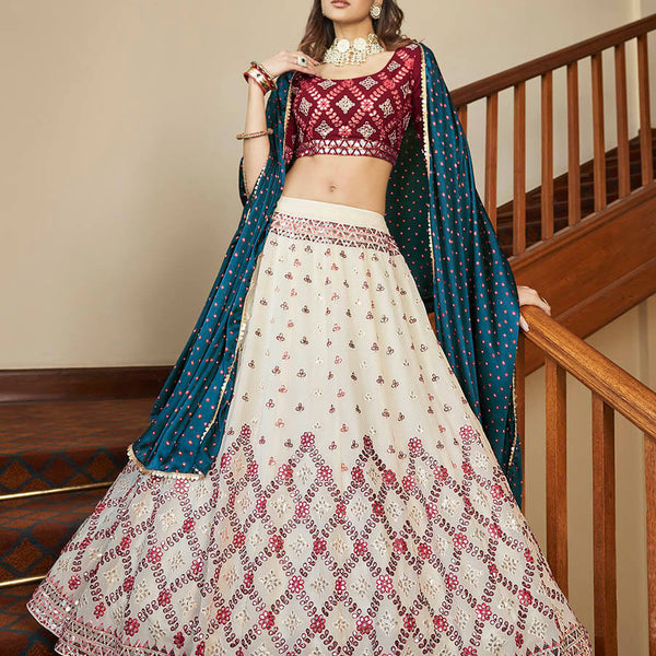 Myra Maroon and Beige Georgette Embroidered Party Wear Lehenga - Distacart