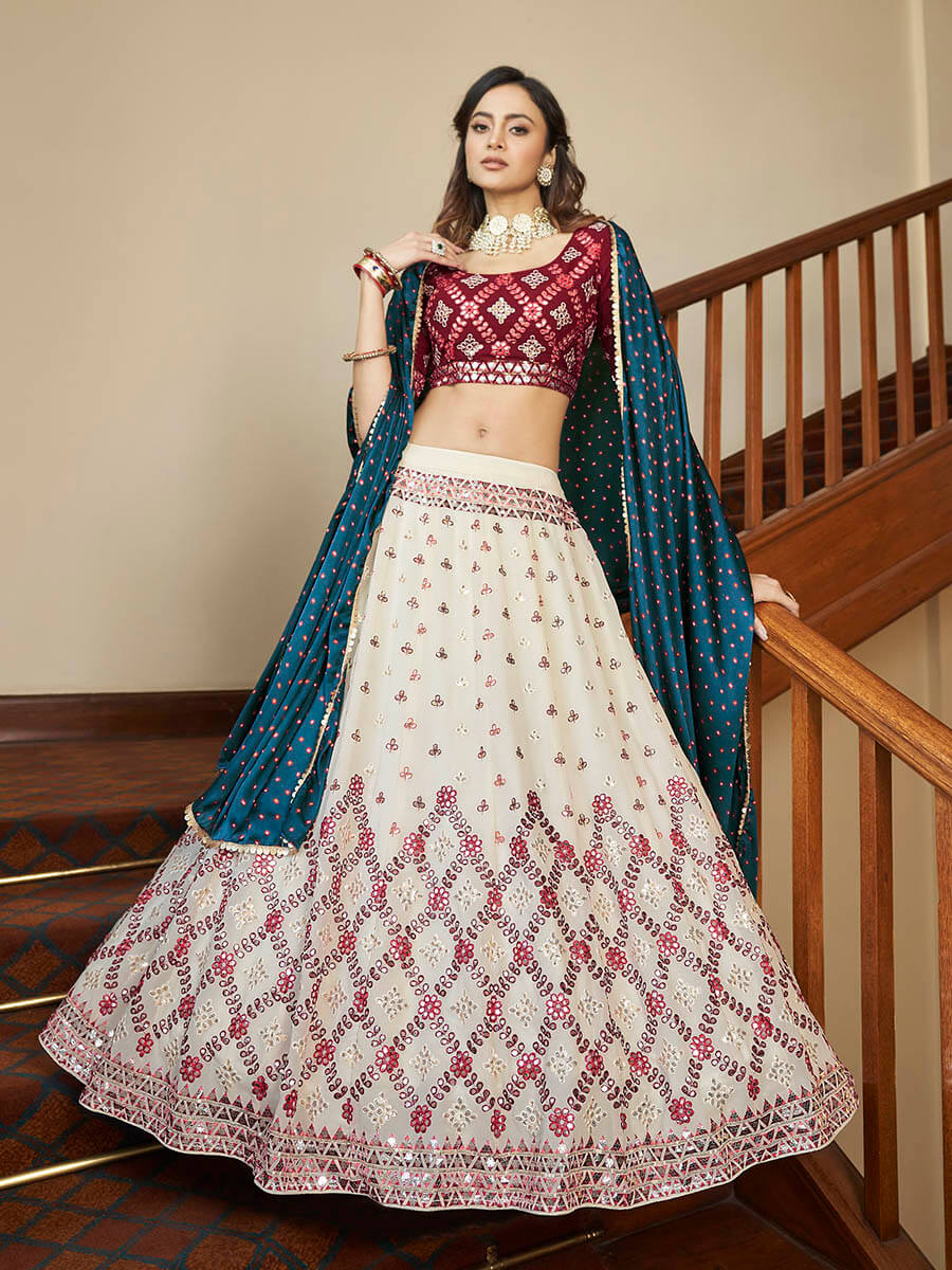 Myra Maroon and Beige Georgette Embroidered Party Wear Lehenga - Distacart