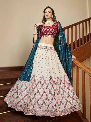 Myra Maroon and Beige Georgette Embroidered Party Wear Lehenga - Distacart