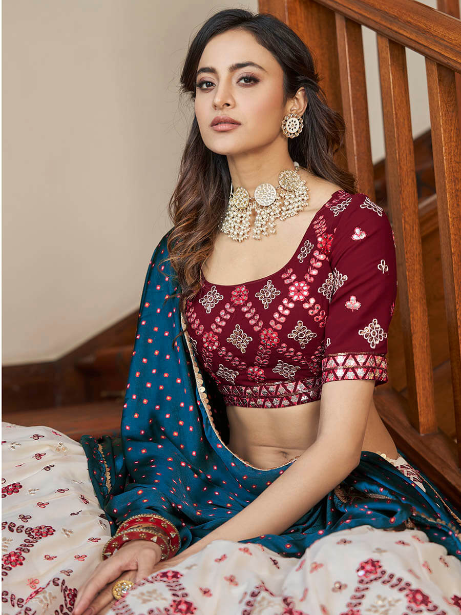 Myra Maroon and Beige Georgette Embroidered Party Wear Lehenga - Distacart