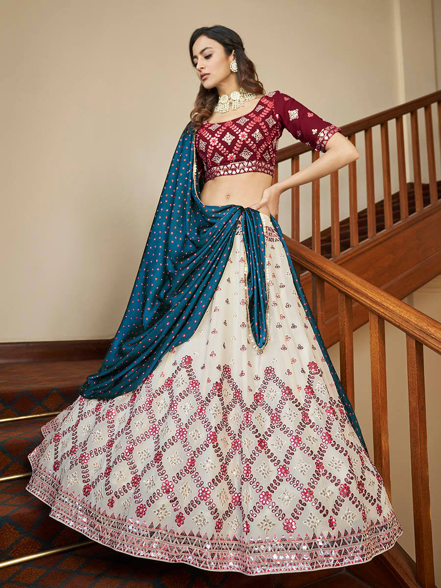 Myra Maroon and Beige Georgette Embroidered Party Wear Lehenga - Distacart