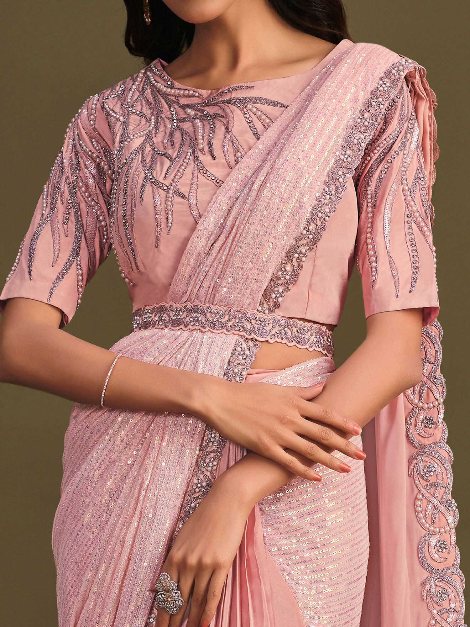 Peach Georgette Crepe Silk Sequence Embroidered Saree With Stitched Blouse - Mohmanthan La Belle - Distacart