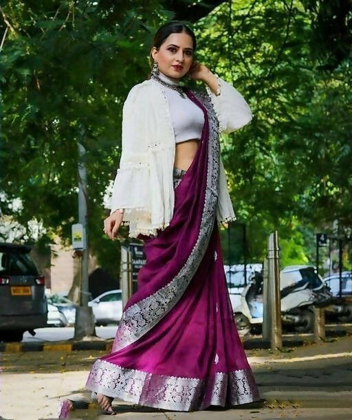 DEIANA'S Beautiful Golden Jari with New Design Soft Lichi Silk Saree - Majenta - Distacart