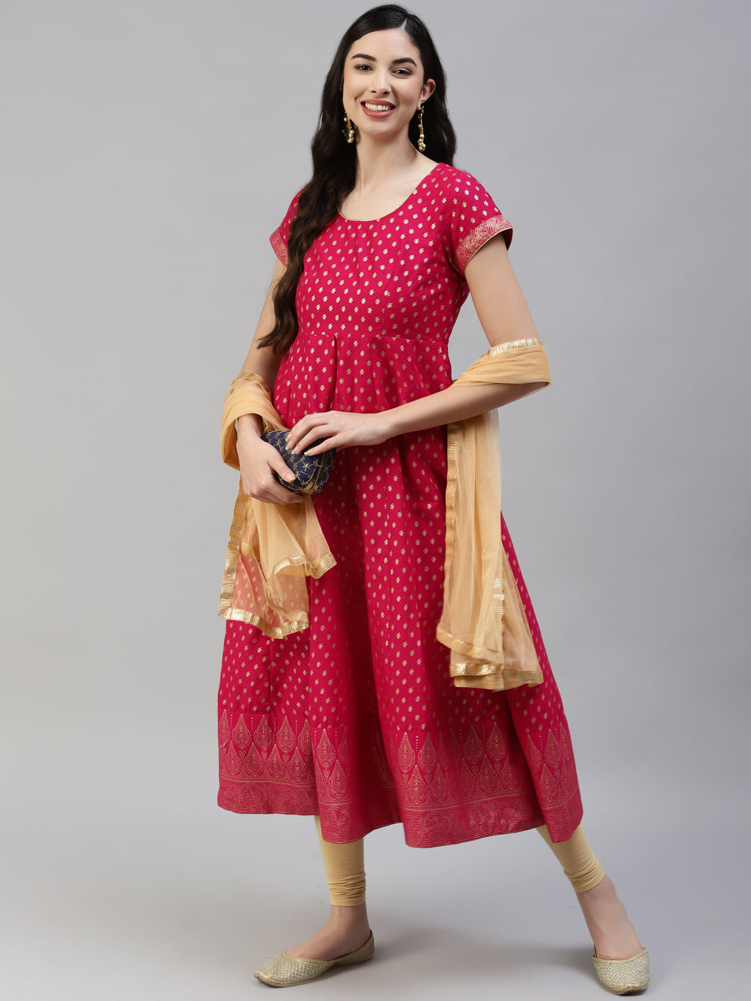 NOZ2TOZ Women's Dark-Pink Gold Print Anarkali Kurta with Viscose Leggings & Net Dupatta - Distacart