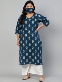 Thumbnail for Wahe-NOOR Women Teal Blue Printed Straight kurta with V Neck & Three Quarters Sleeves - Distacart