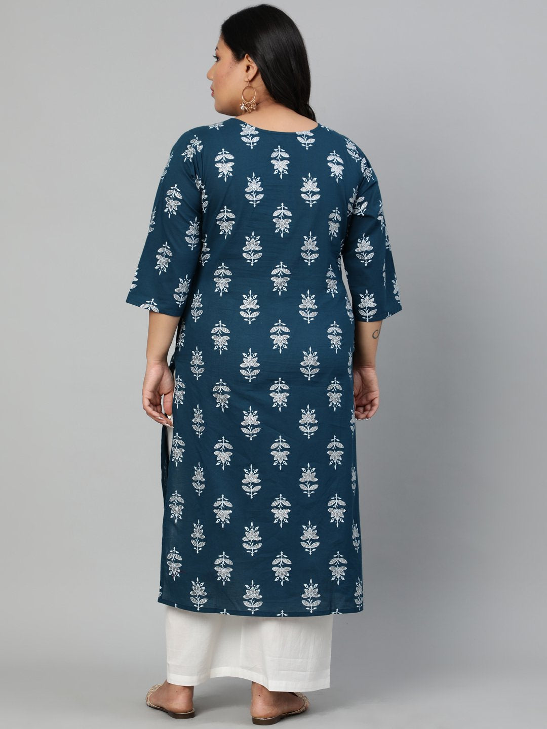 Wahe-NOOR Women Teal Blue Printed Straight kurta with V Neck & Three Quarters Sleeves - Distacart