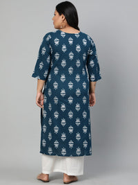 Thumbnail for Wahe-NOOR Women Teal Blue Printed Straight kurta with V Neck & Three Quarters Sleeves - Distacart