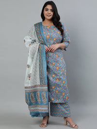 Thumbnail for NOZ2TOZ Women Blue Pure Cotton Floral Printed Regular Kurta With Trousers & Dupatta - Distacart