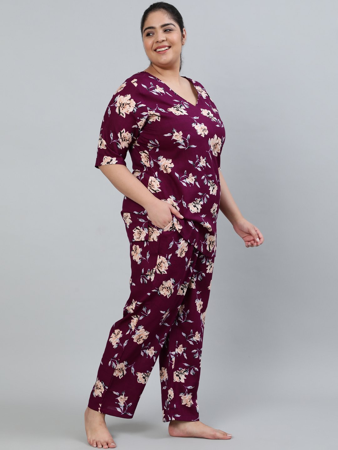 Black Color Leaf Print With Floral Printed Viscose Rayon Nightsuit For –  Claura Designs Pvt. Ltd.