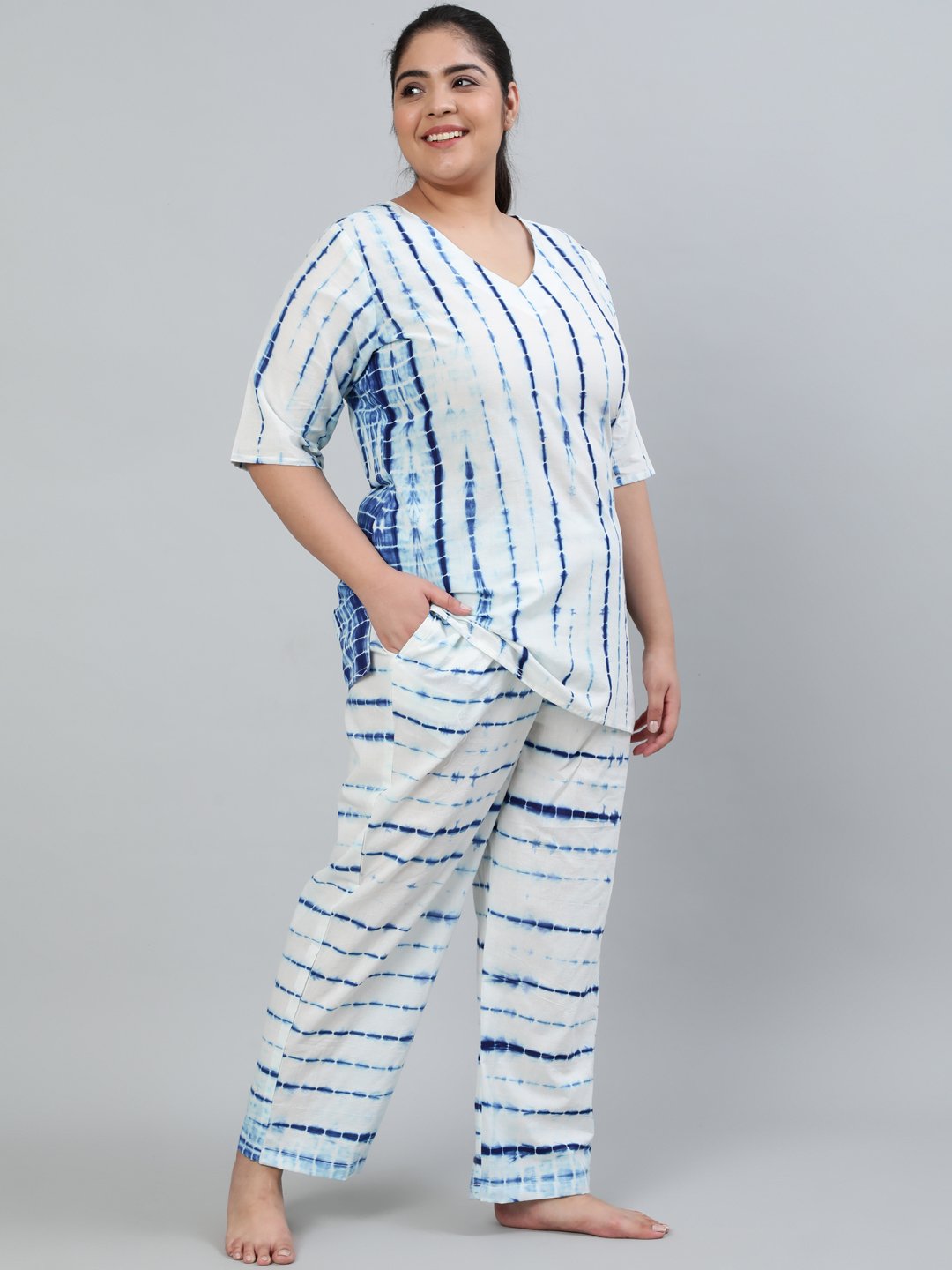 NOZ2TOZ Plus Size Women Off- White Tie-Dye Printed Night Suit With Half Sleeves - Distacart