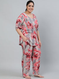 Thumbnail for NOZ2TOZ Plus Size Women Grey Printed Night Suit With Half Sleeves - Distacart